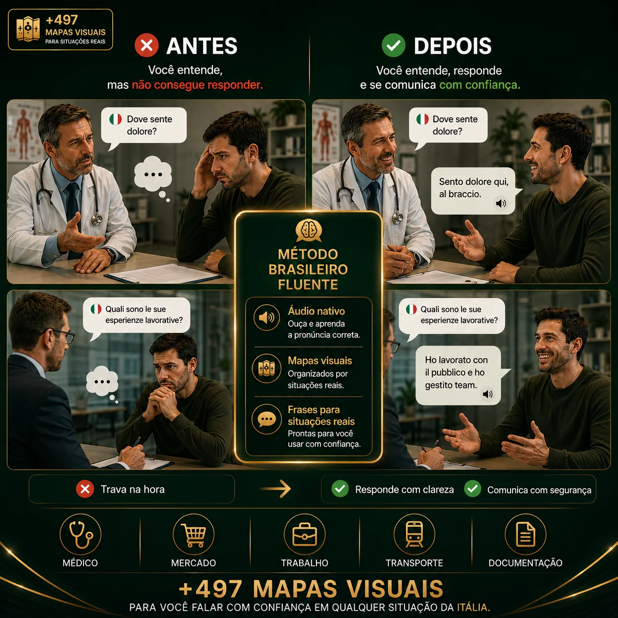 Método Brasileiro Fluente — mockup do app com frases reais em italiano